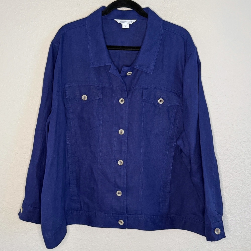 Coastal Preppy Lightweight Coldwater Creek Blue Linen Button Up Jacket Womens 3X